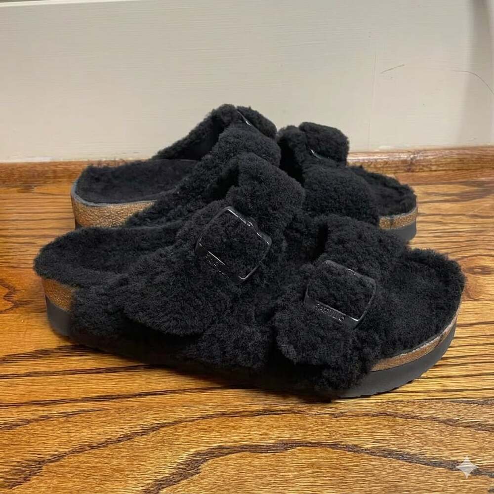 Birkenstock Black Faux Fur Arizona Sandals